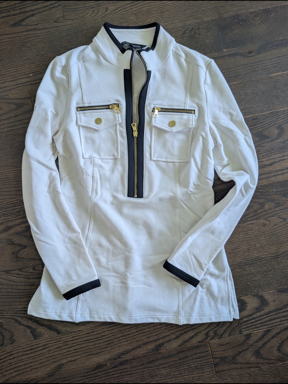 Boston Proper White Utility Jacket with Black Trim and Gold Hardware